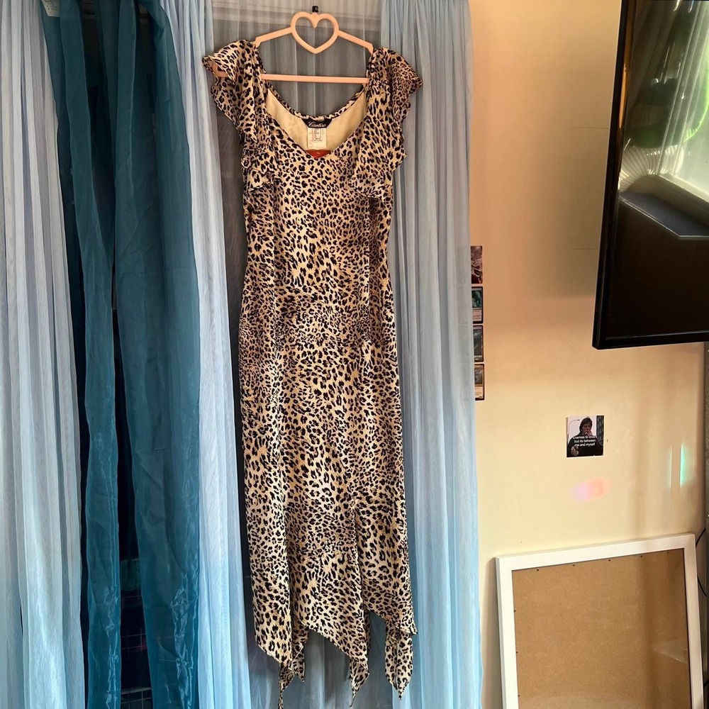 90s Vintage Leopard Print Asymmetrical Hem Dress